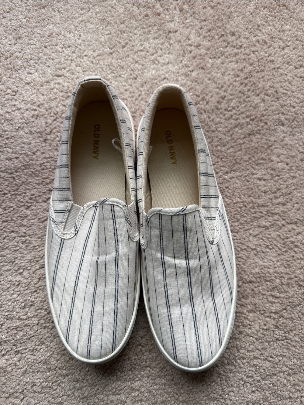 Old Navy Cream Slip-On Sneakers with Navy Pinstripes